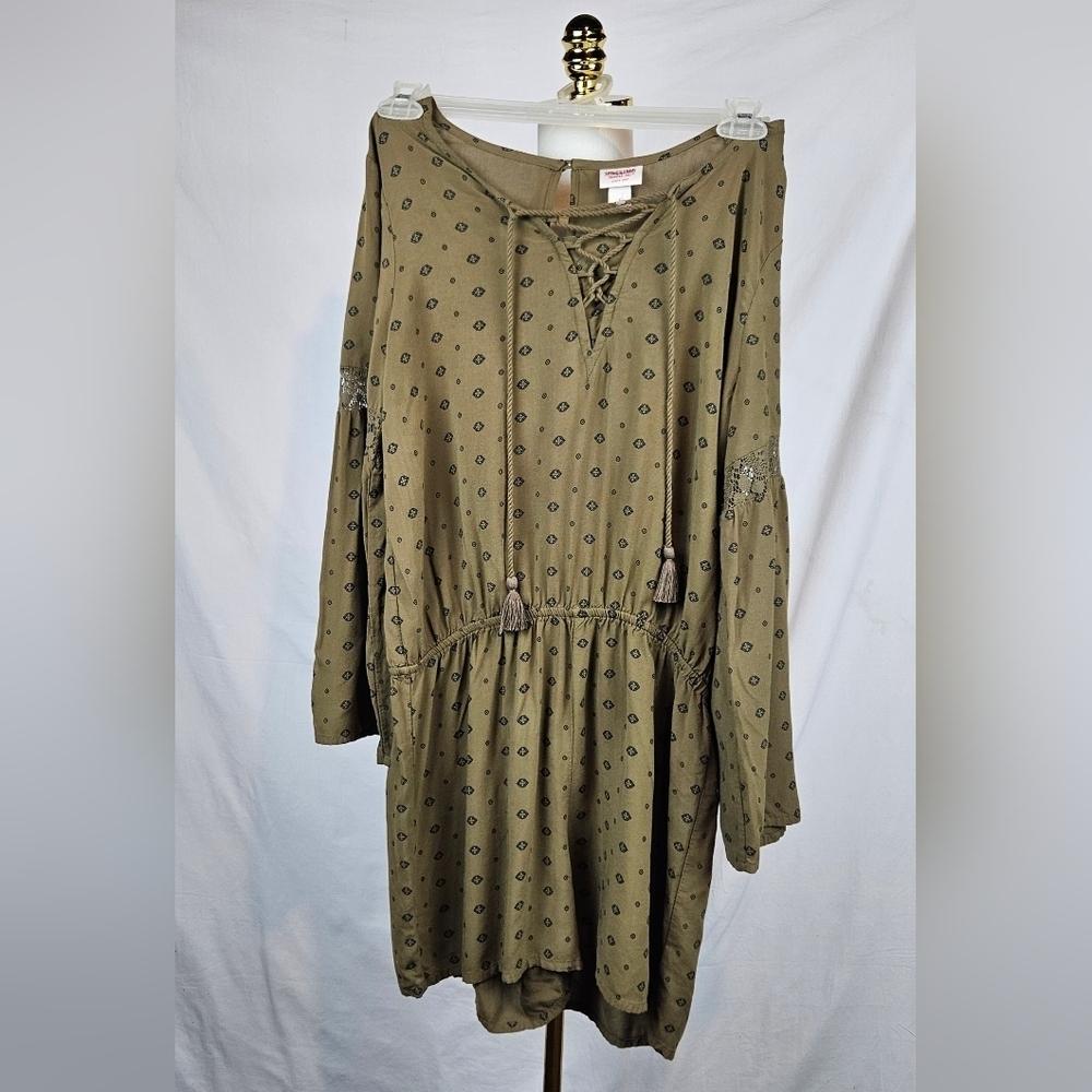 Olive Green Diamond‎ Pattern Romper Size Large Boho Hippie Cottagecore Tie Front